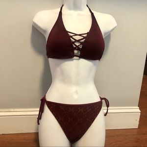 NWOT Xhilaration Maroon Halter Top and Lace Bottom